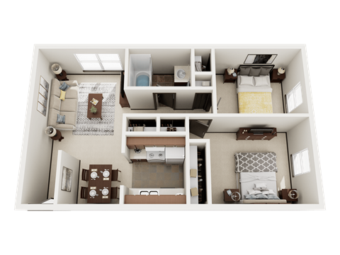 Floor plan for 2 beds, 1 bath, 726 sqft